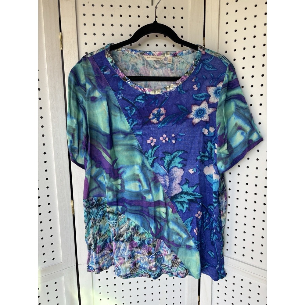 Soft‎ Surroundings Short SLV Mixed Print Blue Purple Viscose Tee Shirt Blouse PL